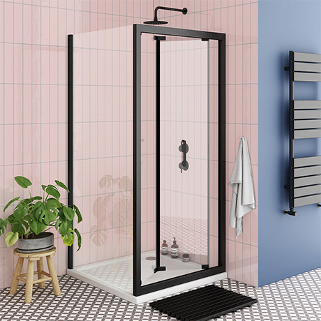 Turin Matt Black 760 x 760mm Bi-Fold Door Shower Enclosure + Pearlstone Tray