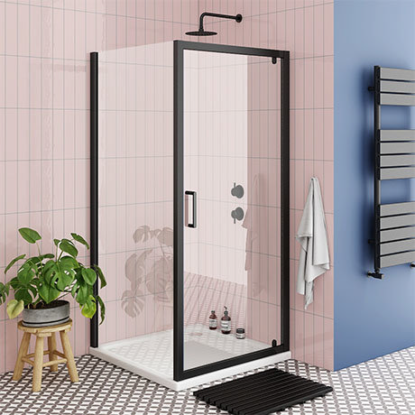 Turin Matt Black 800 x 800mm Pivot Door Shower Enclosure + Pearlstone Tray