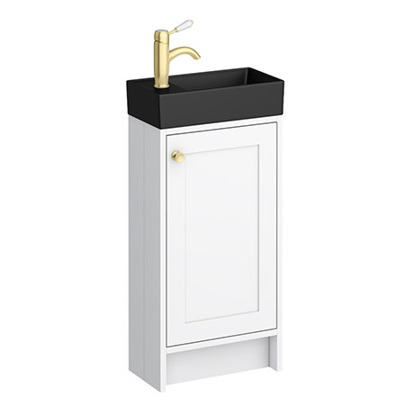 Bromley White Cloakroom Vanity Unit (incl. Black Basin + Brushed Brass Handle)