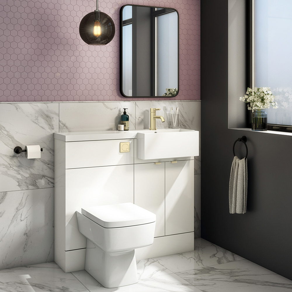 Brooklyn 1000 Gloss White Square Semi-Recessed Combination Unit w. Brushed Brass Handles + Flush