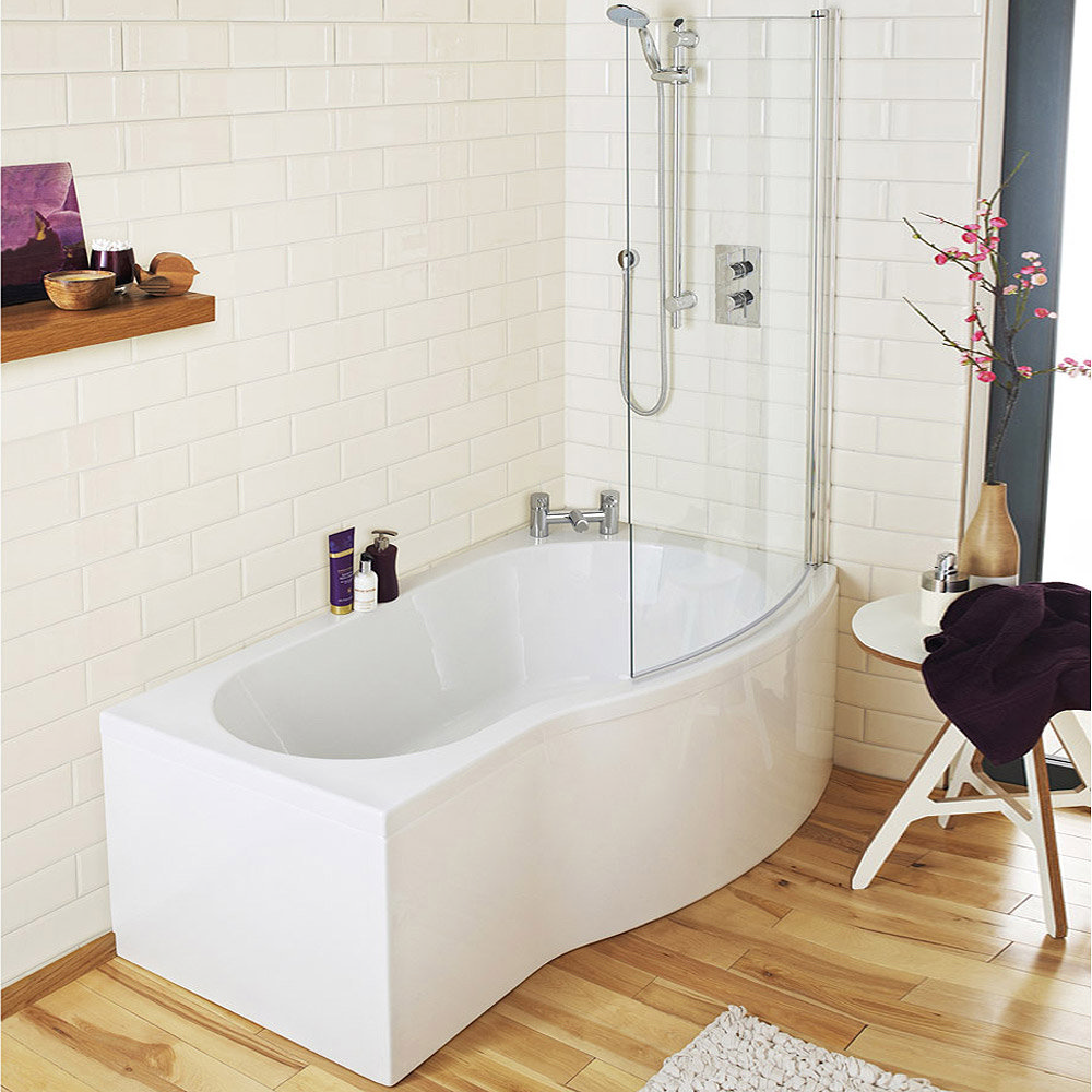 Nuie 1500mm B Shaped Shower Bath With, Curved Front Bathtub