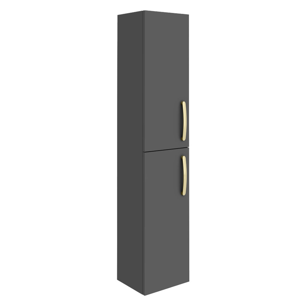 Brooklyn Gloss Grey Wall Hung Tall Storage Cabinet with Brushed Brass Handles