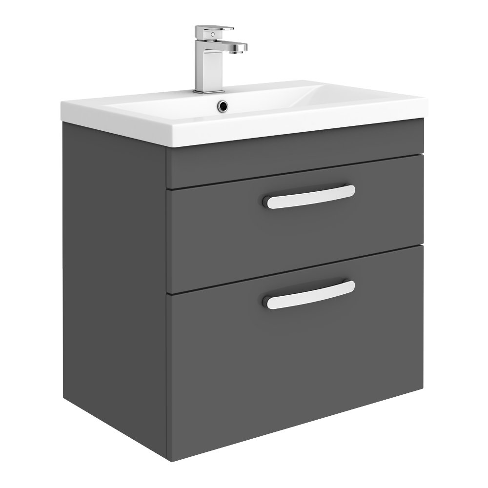Gloss White 600MM Wall Hung 2 Drawer Vanity Unit Cabinet with Ceramic Sink Basin