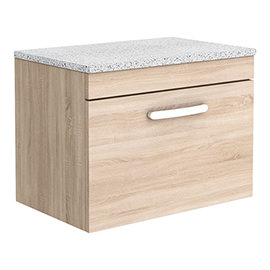 Brooklyn Wall Hung Countertop Vanity Unit - Natural Oak - 600mm with White Worktop &amp; Chrome Handle