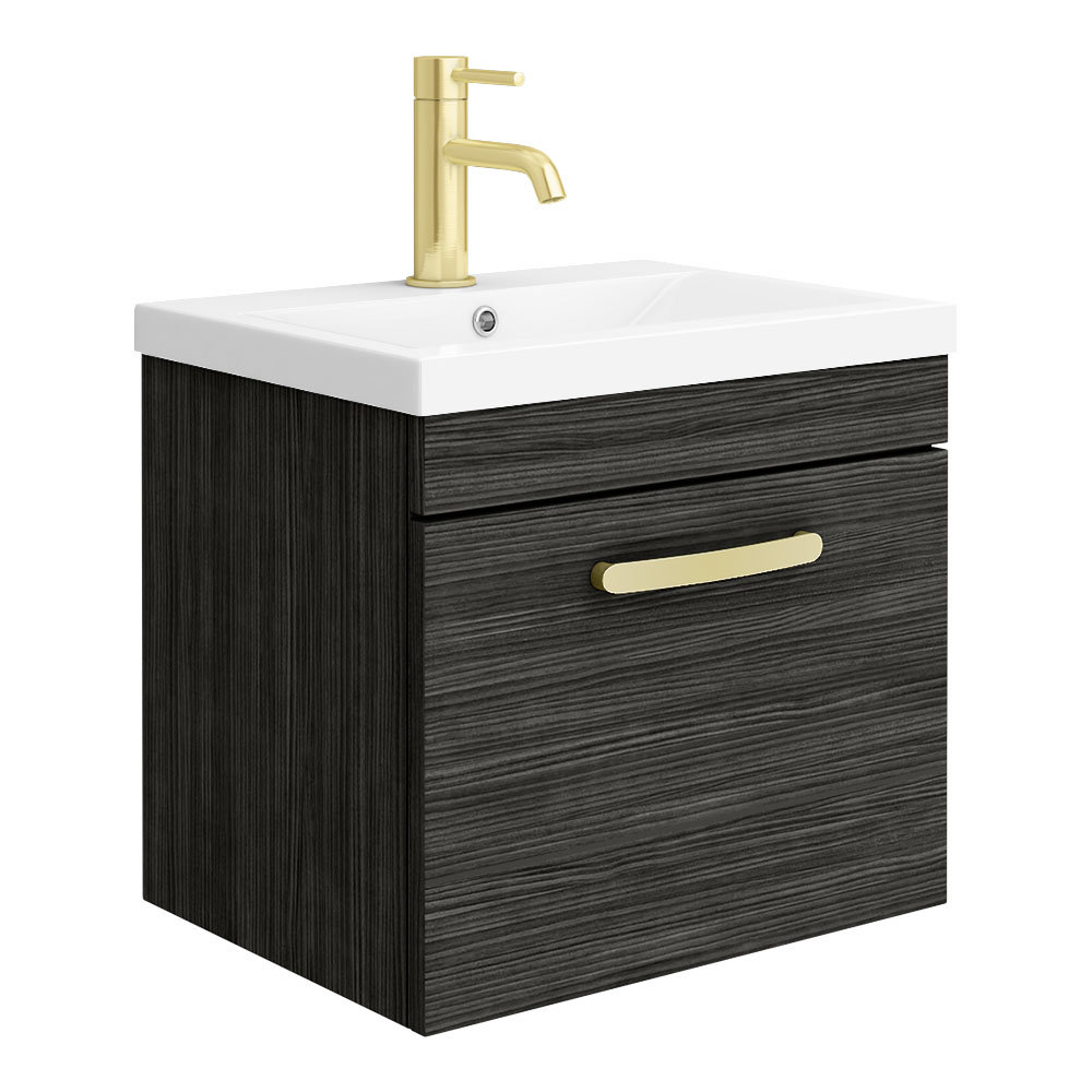 Brooklyn 500mm Black Wall Hung 1-Drawer Vanity Unit with Brushed Brass Handle