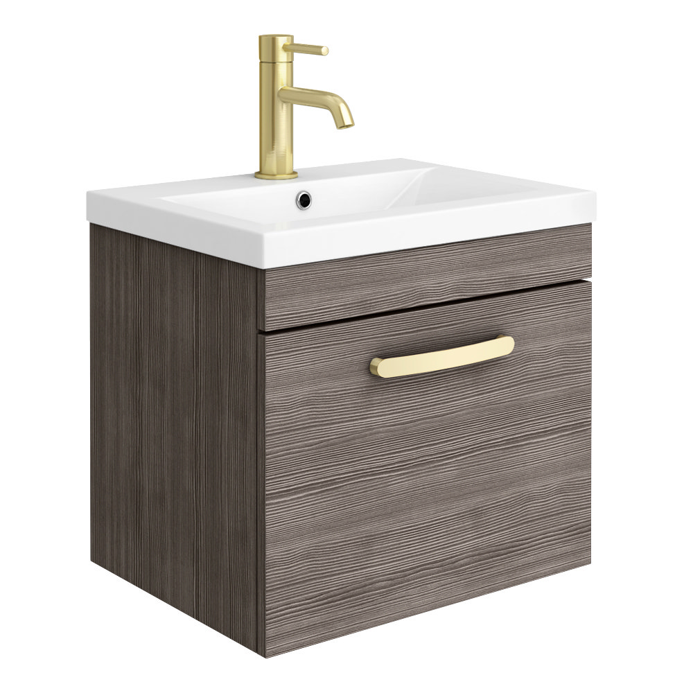 Brooklyn 500mm Grey Avola Wall Hung 1-Drawer Vanity Unit with Brushed Brass Handle