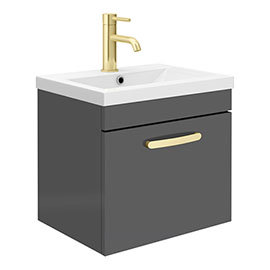 Brooklyn 500mm Gloss Grey Wall Hung 1-Drawer Vanity Unit with Brushed Brass Handle