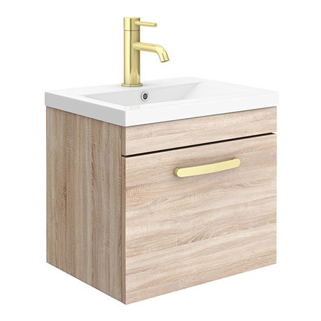 Brooklyn 500mm Natural Oak Wall Hung 1-Drawer Vanity Unit with Brushed Brass Handle