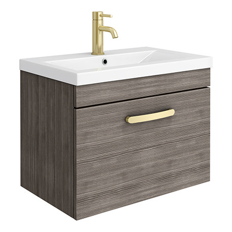 Brooklyn 600mm Grey Avola Wall Hung 1-Drawer Vanity Unit with Brushed Brass Handle