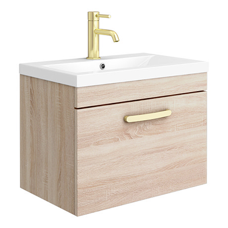 Brooklyn 600mm Natural Oak Wall Hung 1-Drawer Vanity Unit with Brushed Brass Handle