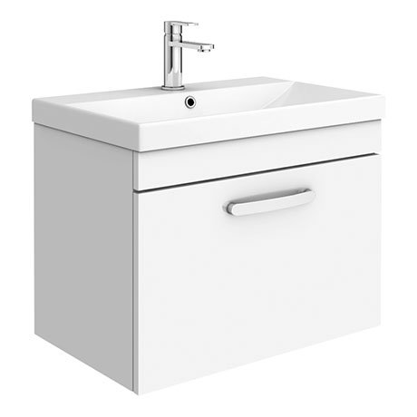 Gloss White 600MM Wall Hung 2 Drawer Vanity Unit Cabinet with Ceramic Sink Basin