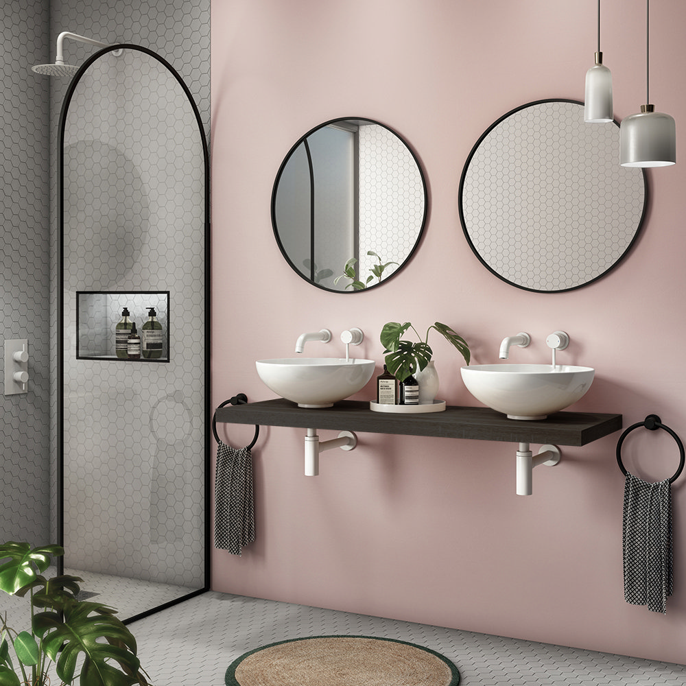 Bathroom Featuring Matt Pink Wallpaper