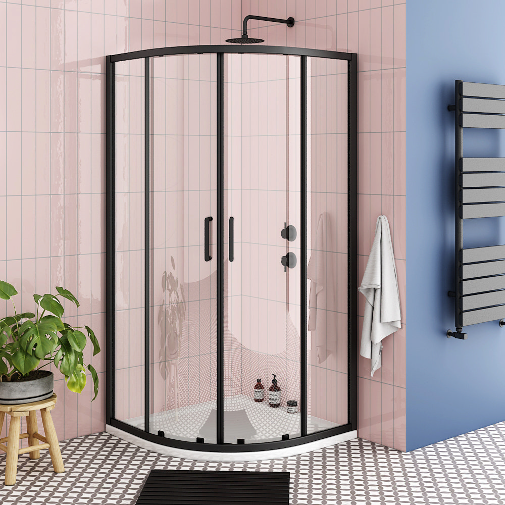 Bathroom Featuring Blue Wallpaper and Pink Metro Tiles