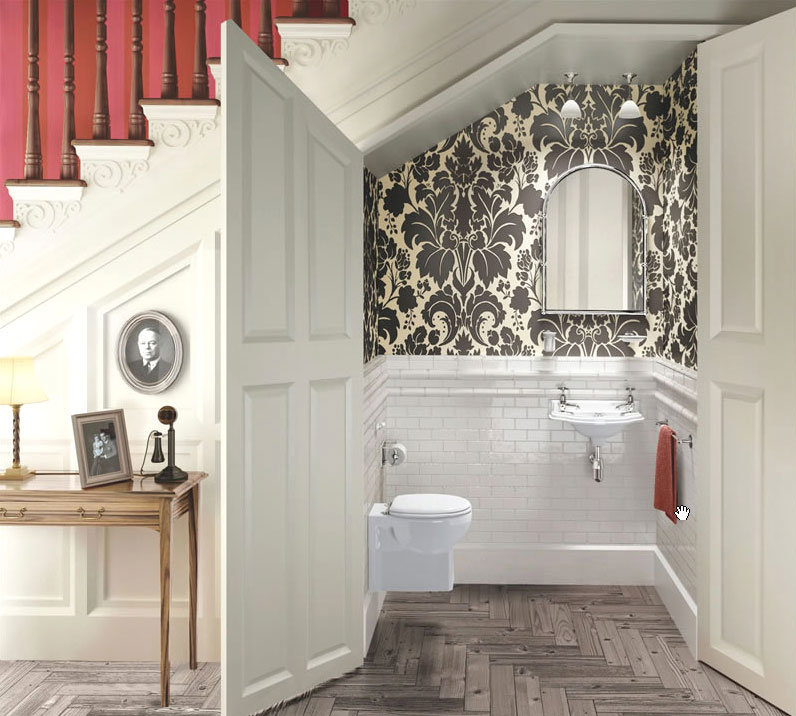 Bathroom Featuring Textured Wallpaper
