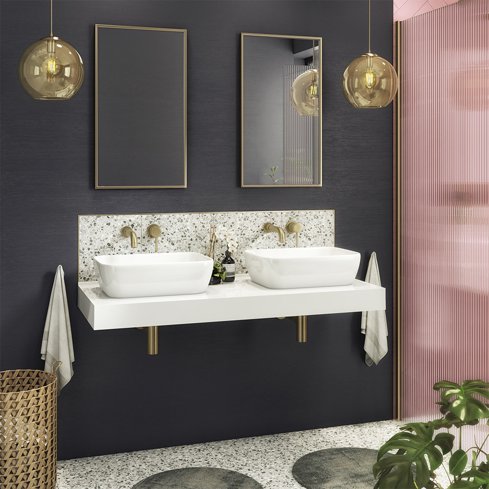 En-suite with blue wallpaper