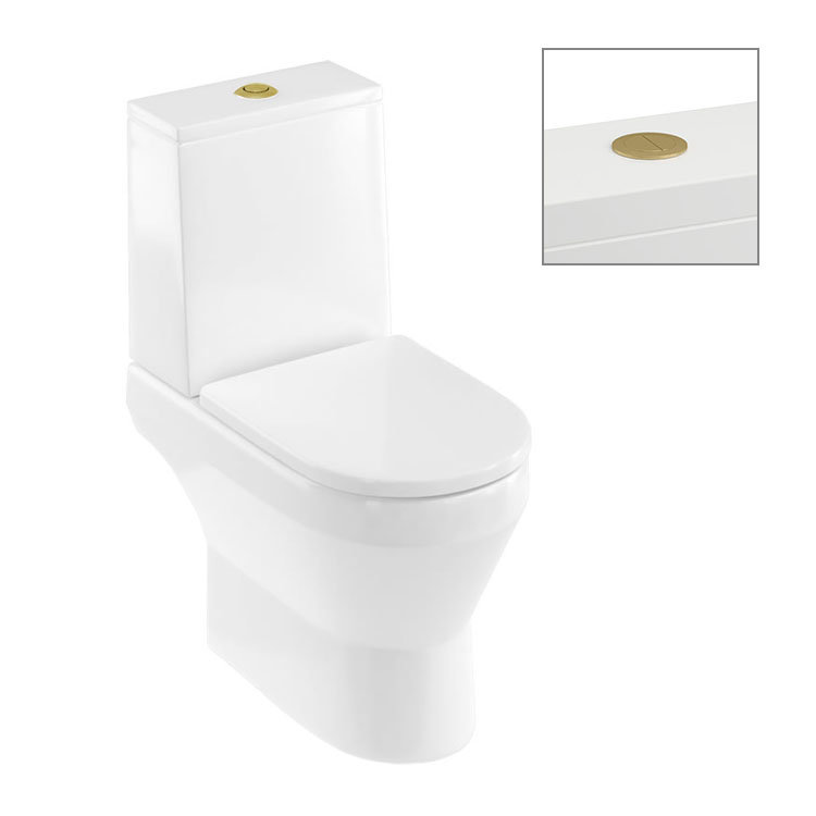 Britton Curve2 Rimless Close Coupled Open Back Toilet with Brushed Brass Flush Button + Soft Close Seat