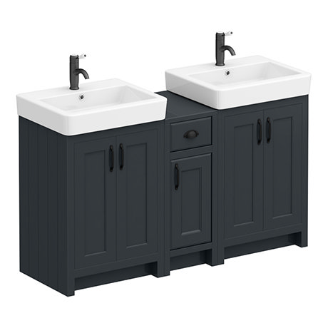 Chatsworth Traditional Graphite Double Basin Vanity + Cupboard Combination Unit with Matt Black Hand