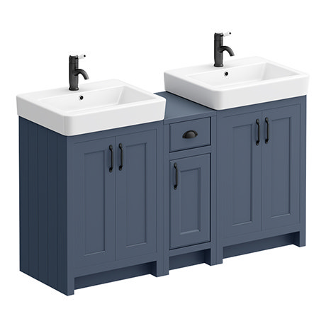 Chatsworth Traditional Blue Double Basin Vanity + Cupboard Combination Unit with Matt Black Handles