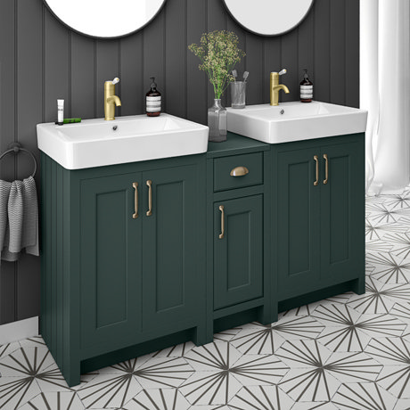 Chatsworth Traditional Green Double Basin Vanity + Cupboard Combination Unit
