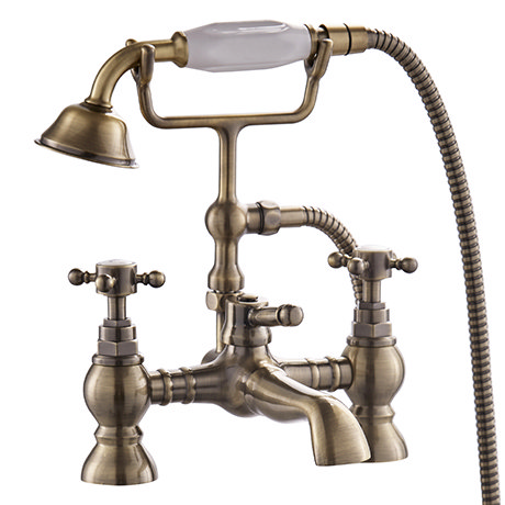 Chatsworth 1928 Antique Brass Crosshead Bath Shower Mixer Tap with Shower Kit