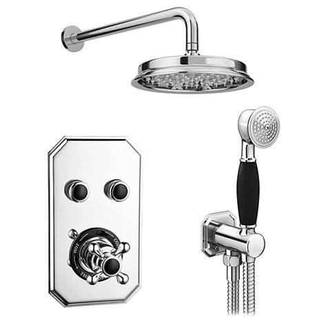Chatsworth 1928 Black Traditional Push-Button Shower Valve Pack with Handset + Rainfall Shower Head
