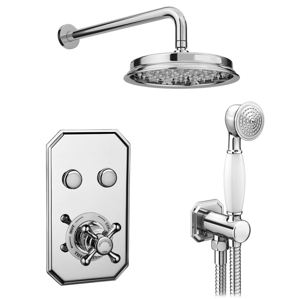 Chatsworth 1928 Traditional Push-Button Shower Valve Pack with Handset + Rainfall Shower Head