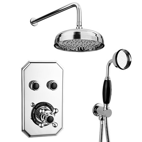 Chatsworth 1928 Black Traditional Push-Button Shower System with Large Handset + 8" Rainfall Shower 