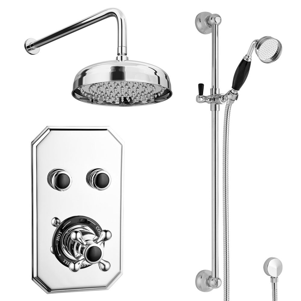 Chatsworth 1928 Black Traditional Push-Button Shower Pack with Slide Rail Kit + Wall Mounted Head