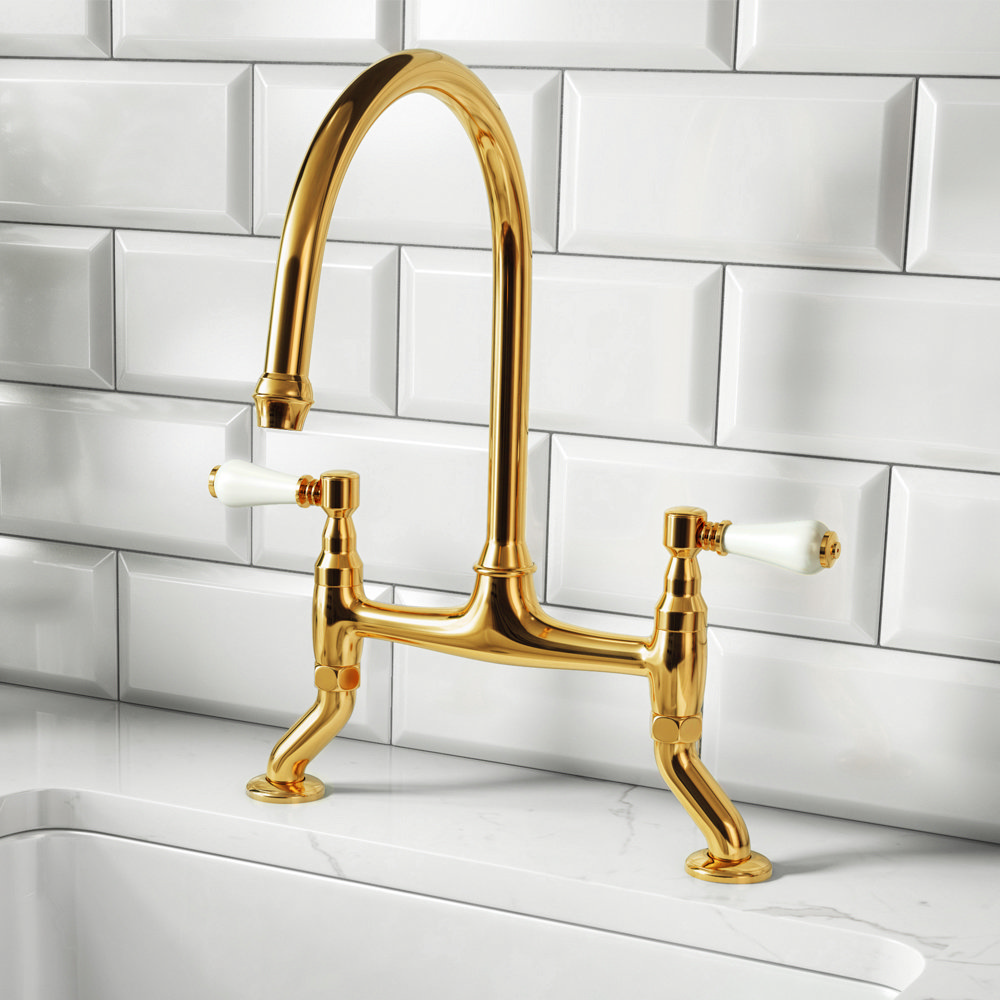 All Brass Kitchen Sink Tap Dual Lever Cross Handles Mono Gold  Bridge  Mixer Tap 