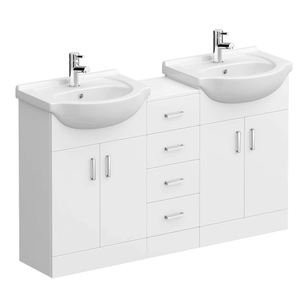 Cove White Gloss Double Basin Vanity + Drawer Combination Unit