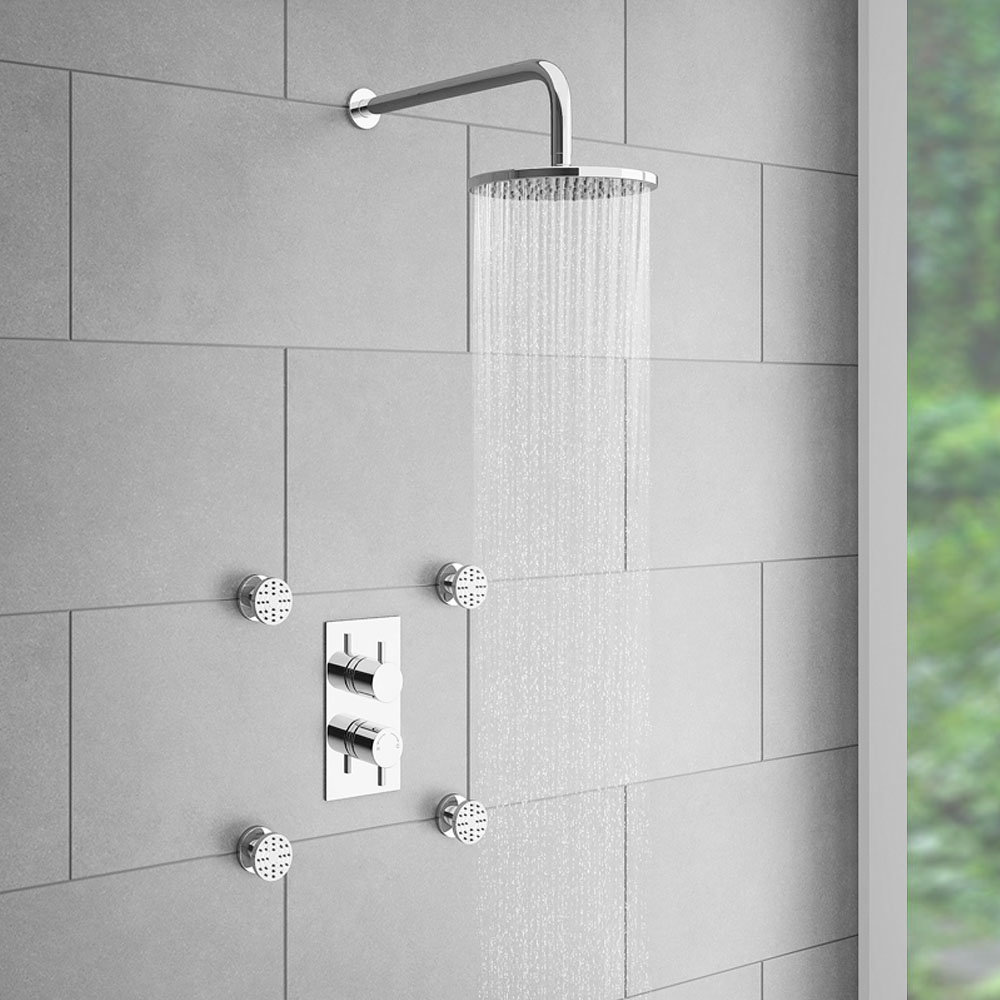 Cruze Concealed Thermostatic Valve with Diverter, Fixed Shower Head + 4 Body Jets