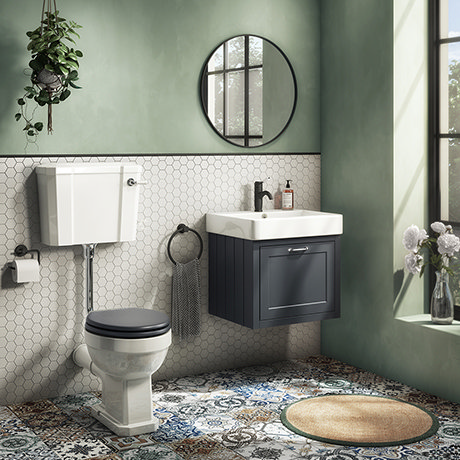Chatsworth Wall Hung Graphite Vanity with Chrome Handle & Low Level Toilet