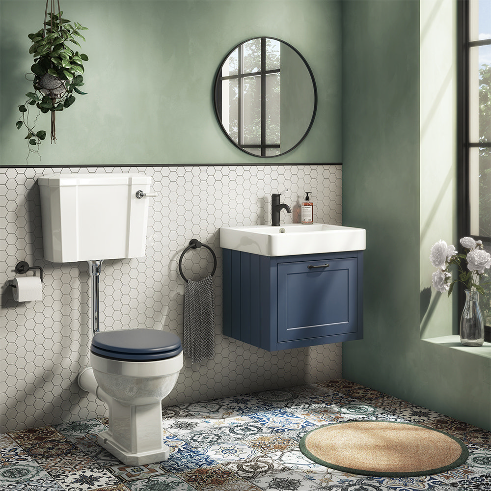 Chatsworth Wall Hung Blue Vanity with Matt Black Handle &amp; Low Level Toilet