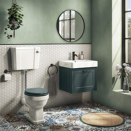 Chatsworth Wall Hung Green Vanity with Brass Handle & Low Level Toilet