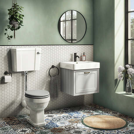 Chatsworth Wall Hung Grey Vanity with Brass Handle & Low Level Toilet