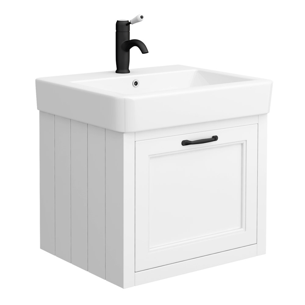 Chatsworth Traditional White Wall Hung Vanity - 560mm Wide with Matt Black Handle