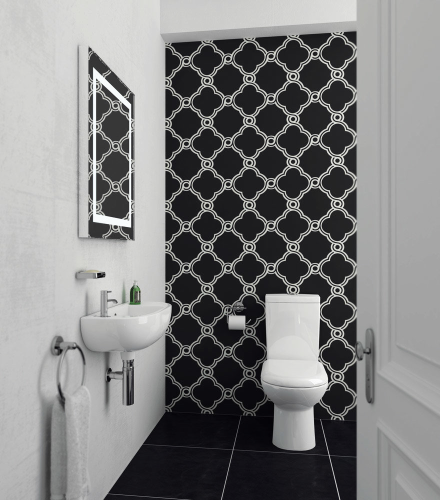 This small black and white bathroom has created a stunning feature wall using black and white bathroom wallpaper. The feature wall is complemented by some clever space-saving fixtures like the wall hung basin and short projection toilet.
