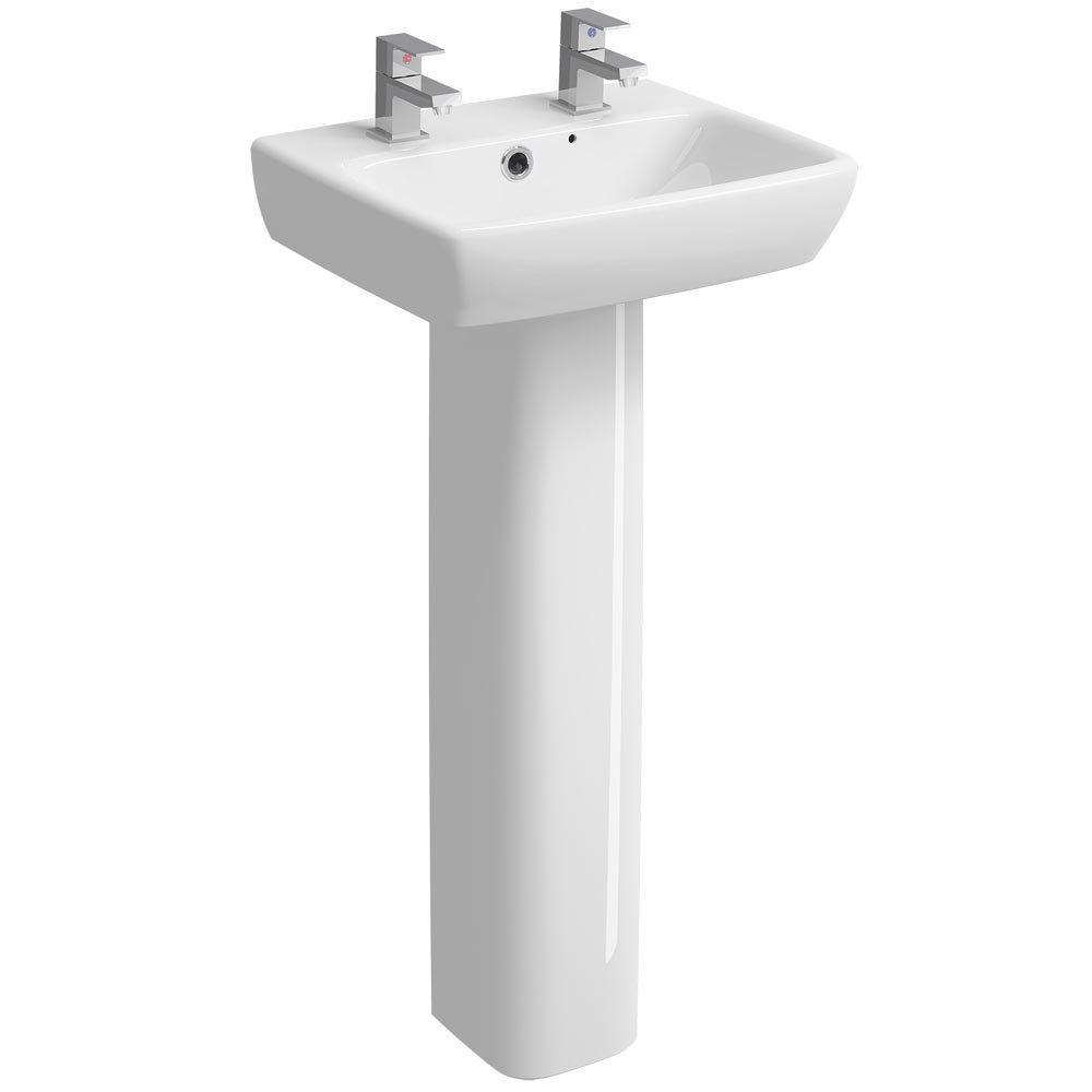 Twyford E100 Square 450mm 2TH Handrinse Basin & Pedestal