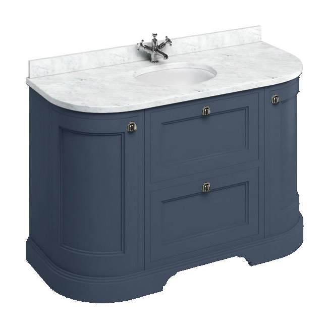 Burlington 134 2-Door/Drawer Curved Vanity Unit &amp; Minerva Carrara White Worktop with Basin - Blue