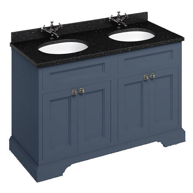 Burlington 130 4-Door Vanity Unit &amp; Minerva Black Granite Worktop with Double Basin - Blue