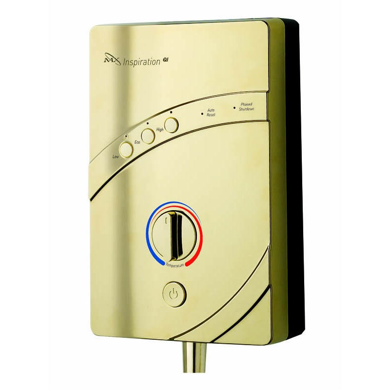 MX Inspiration Gold QI 8.5kW Electric Shower - GD4 - Close up image of a gold electric shower by MX Group
