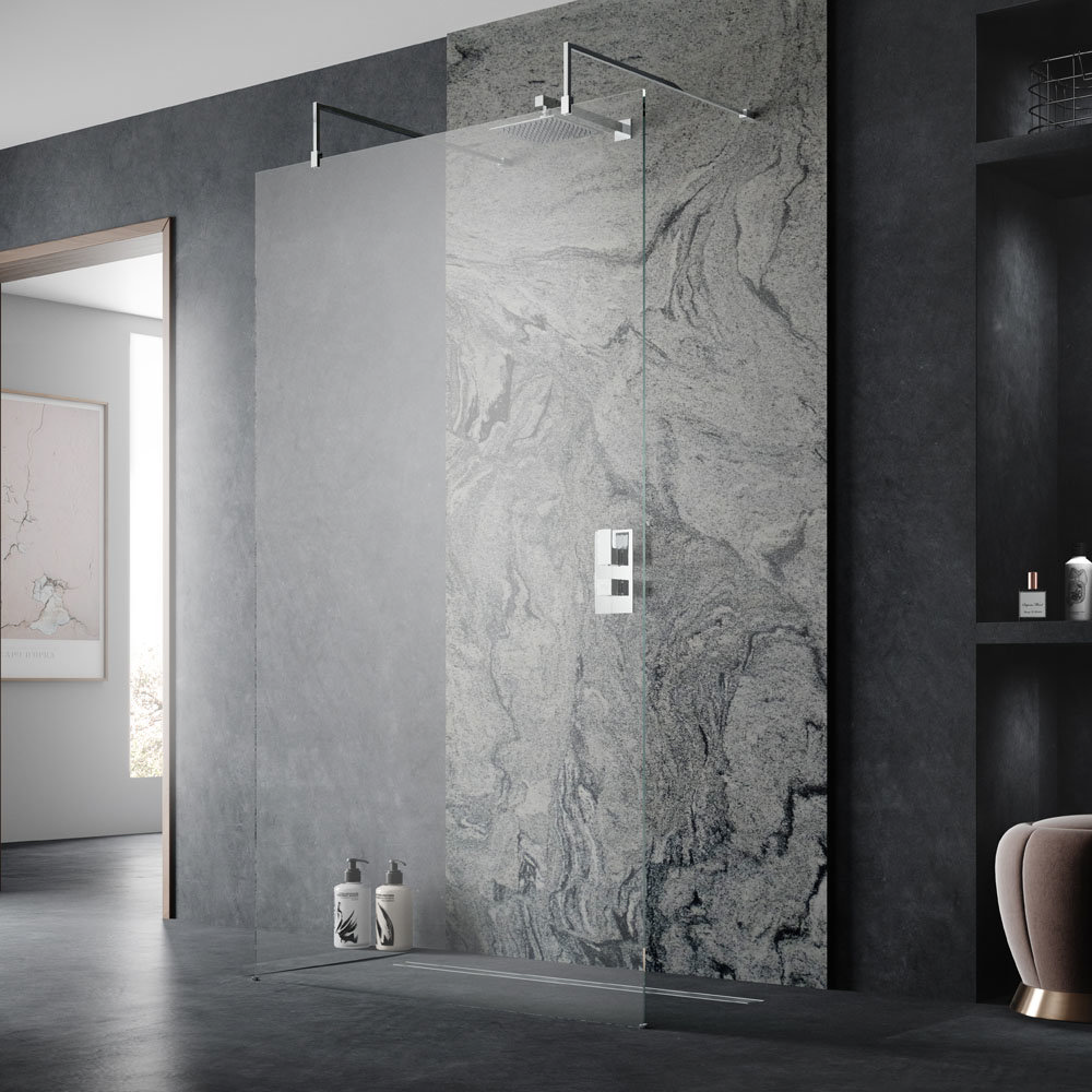 Hudson Reed Free Standing Wet Room Screen with Double Support Arms - Image of wet room walk in shower with a grey shower panel feature wall