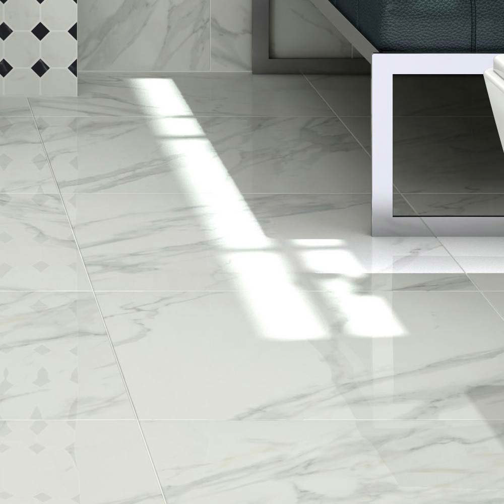 Pavia Marble Effect Grey Gloss Porcelain Floor Tiles - 60 x 60cm
