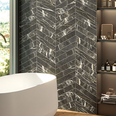 Gatley Chevron Black Marble Effect Tiles - 80 x 400mm