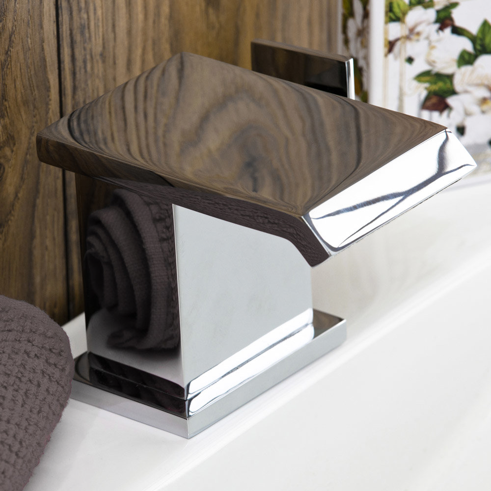 Glacier Waterfall Mono Basin Mixer Tap + Click Clack Waste - Close up image of a gorgeous warefall basin tap