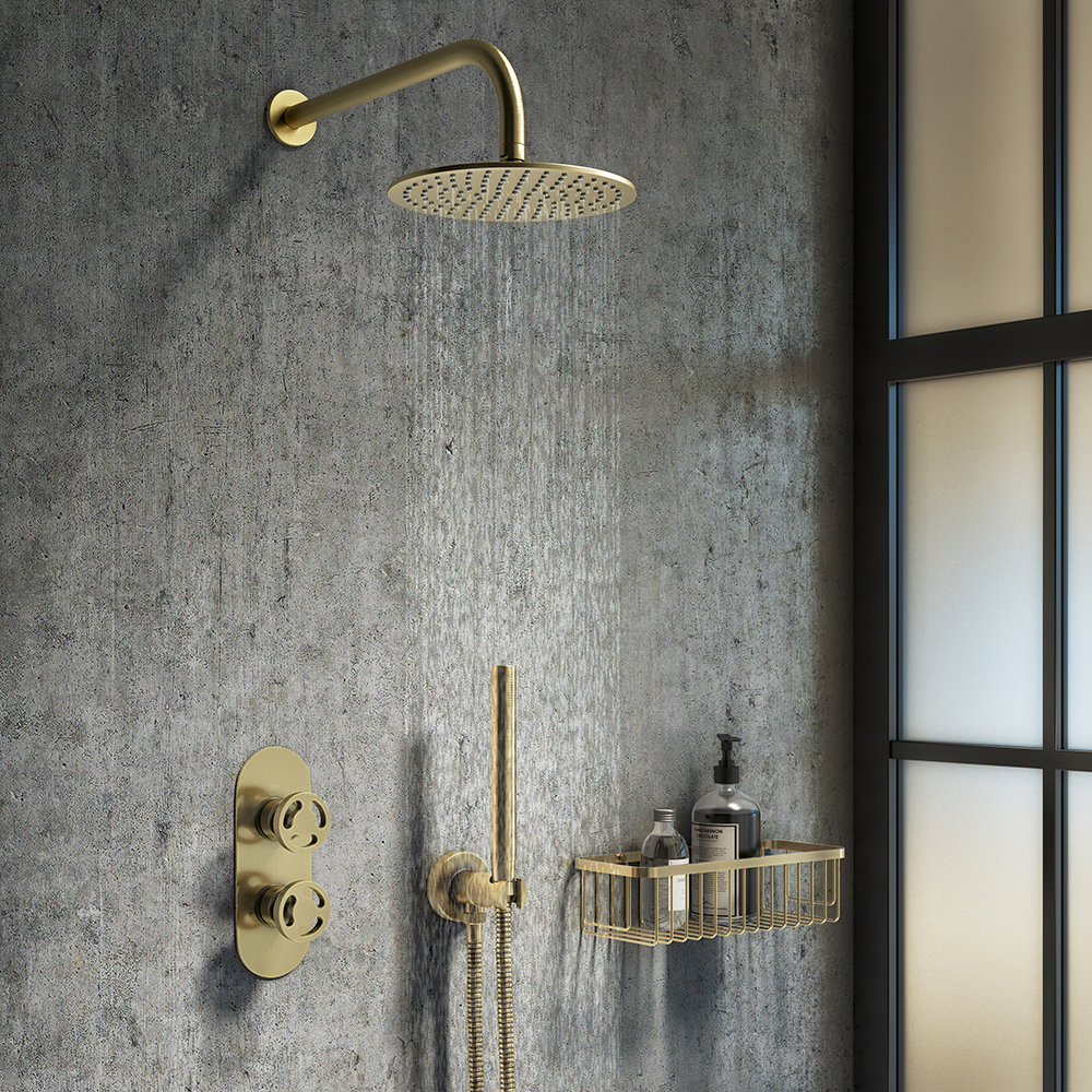 Arezzo Brushed Brass Industrial Style Shower System with Concealed Valve, Head + Handset