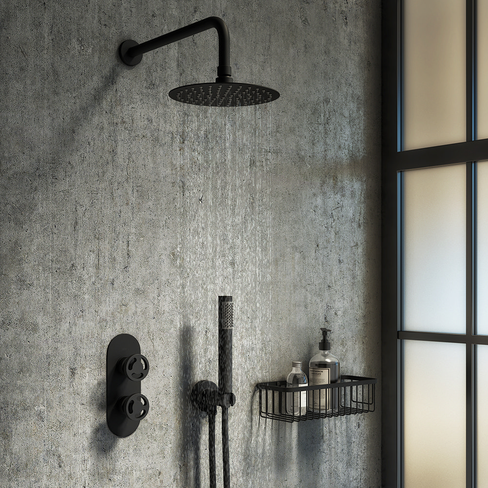 Arezzo Matt Black Industrial Style Shower System with Concealed Valve, Head + Handset