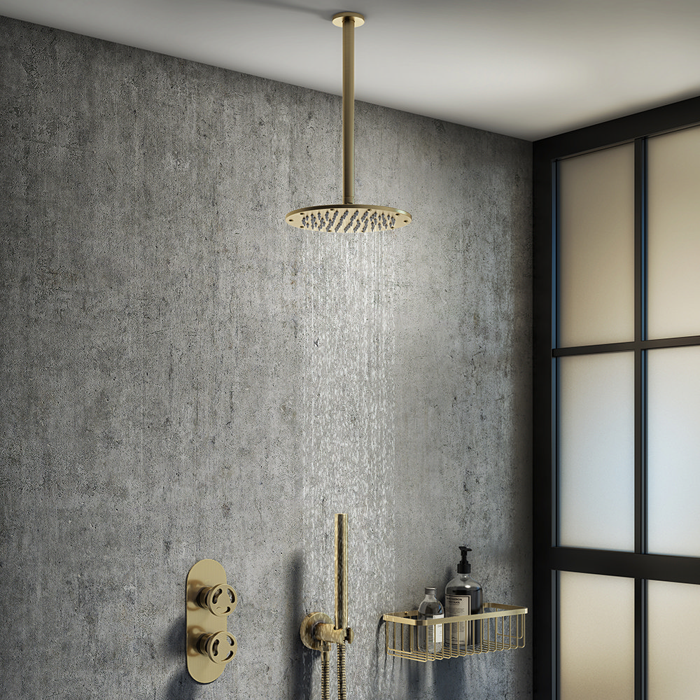 Arezzo Brushed Brass Industrial Style Shower System with Concealed Valve, Handset + Ceiling Mounted Head