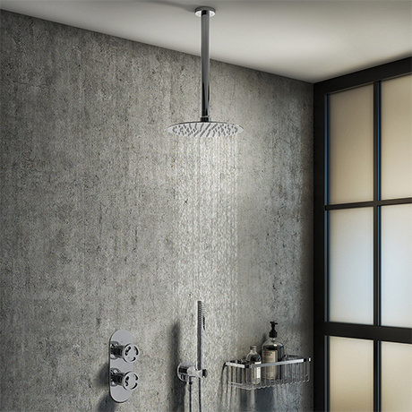 Arezzo Chrome Industrial Style Shower System with Concealed Valve, Handset + Ceiling Mounted Head