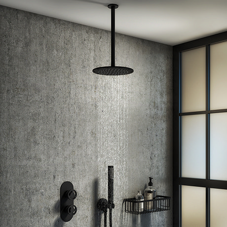 Arezzo Matt Black Industrial Style Shower System with Valve, Handset + Ceiling Mounted Head